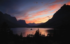 Lac, montagnes, arbres, lever de soleil, le matin, l'aube HD Fonds d'écran