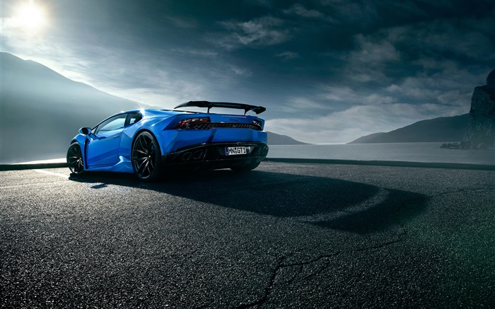 Lamborghini Huracan supercar bleu vue arrière, les nuages Fonds d'écran, image