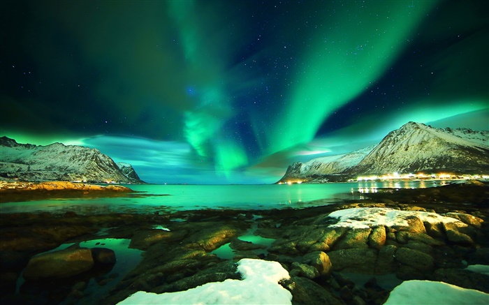 Îles Lofoten, Norvège, aurores boréales, montagnes, la mer, les pierres, la nuit Fonds d'écran, image