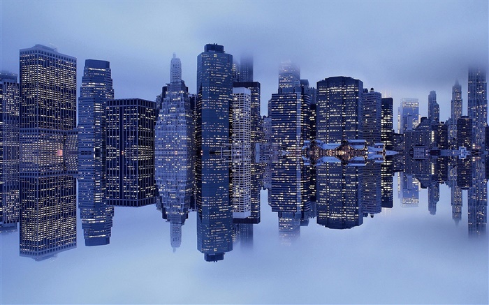 New York, Manhattan, Etats-Unis, les bâtiments, le brouillard, la réflexion Fonds d'écran, image
