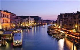 Nuit, Venise, Italie, canal, bateaux, maisons, lumières