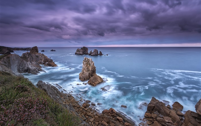 Nord de l'Espagne, Cantabria, côte, mer, rochers, nuages, crépuscule Fonds d'écran, image