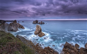 Nord de l'Espagne, Cantabria, côte, mer, rochers, nuages, crépuscule HD Fonds d'écran