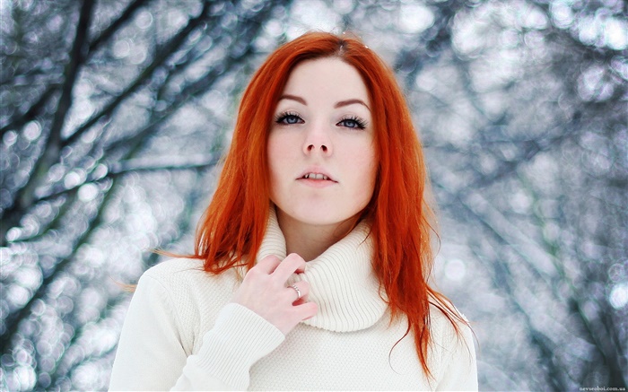 Jolie fille, cheveux rouges, hiver, neige Fonds d'écran, image