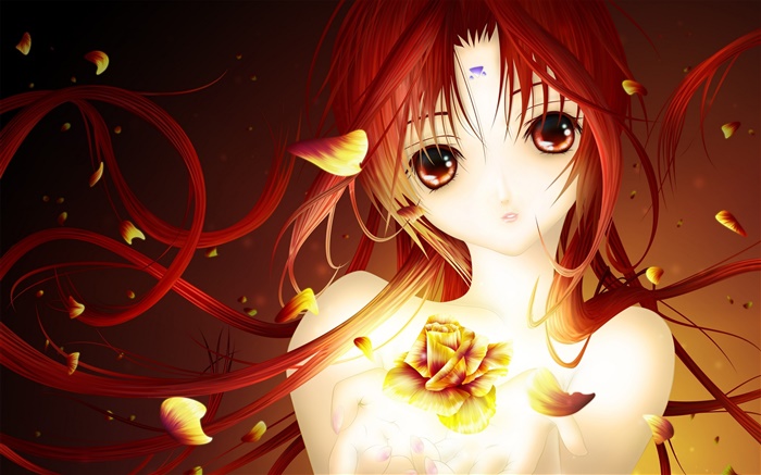 Red anime cheveux fille, pétales de rose Fonds d'écran, image