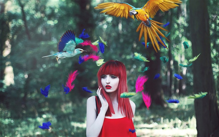 Red fille de cheveux, plumes colorées, oiseaux, images créatives Fonds d'écran, image