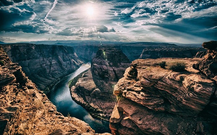 River, Horseshoe Bend, Arizona, Etats-Unis, canyon, soleil, nuages Fonds d'écran, image