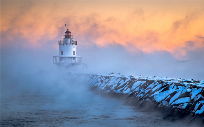 South Portland, Maine, le phare, le gel, l'aube, brouillard Fonds d'écran, image
