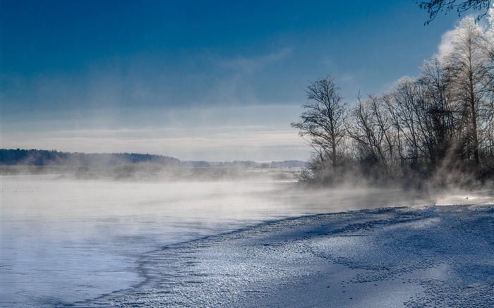 Vapeur, brouillard, lac, arbres, montagnes, hiver, neige Fonds d'écran, image