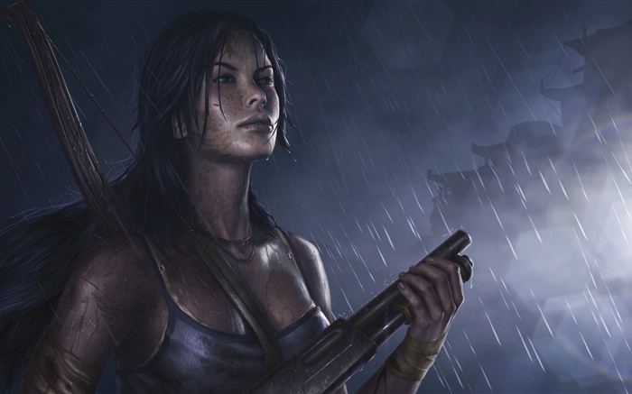 Tomb Raider, fille, fusil de chasse, de la pluie Fonds d'écran, image