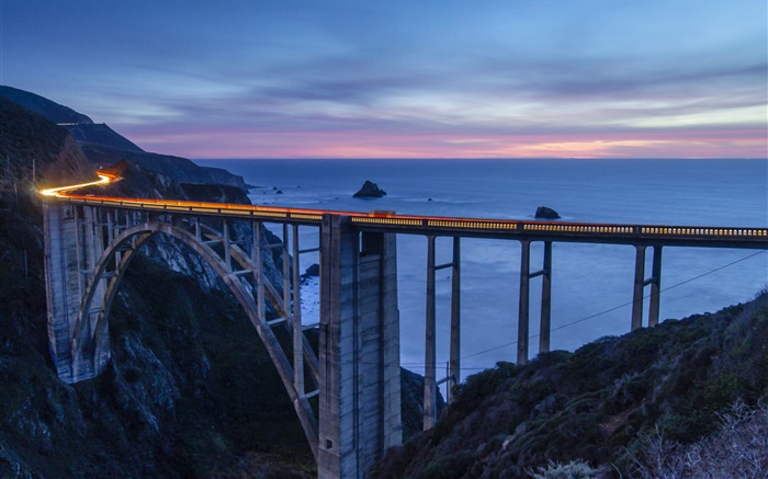 États-Unis, Californie, Monterey, pont, baie, mer, montagnes, nuit Fonds d'écran, image