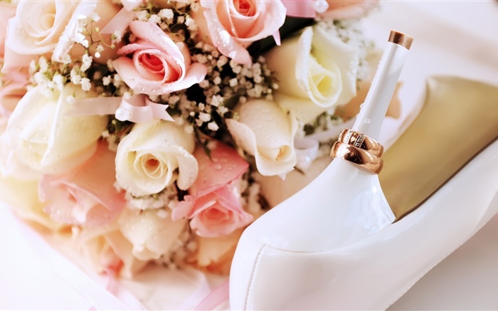Les anneaux de mariage, rose de rose des fleurs, des talons Fonds d'écran, image