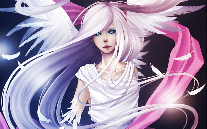 Les cheveux blancs anime girl, ange, ailes, plumes Fonds d'écran, image