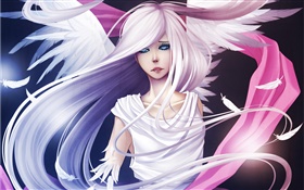 Les cheveux blancs anime girl, ange, ailes, plumes HD Fonds d'écran