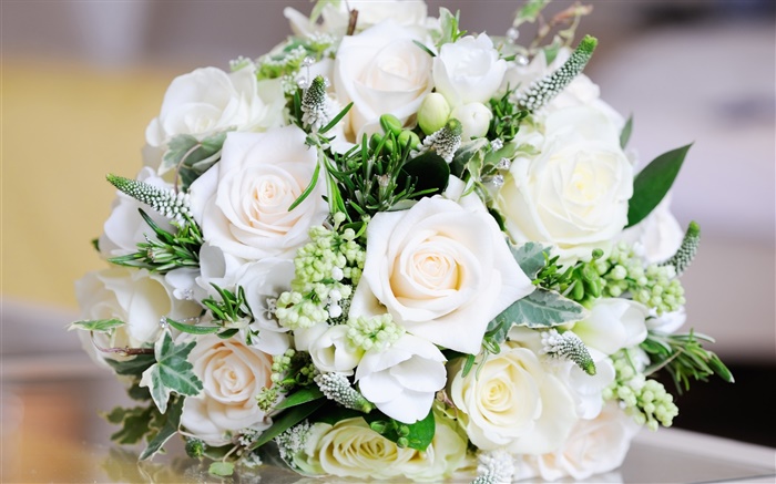 Roses blanches, fleurs bouquet, feuilles Fonds d'écran, image