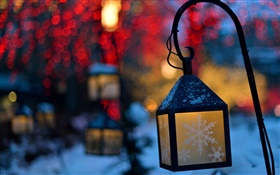 Hiver, lanternes, lumières, nuit, flocons de neige
