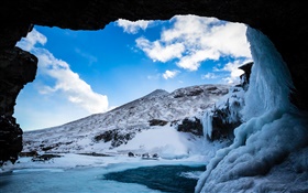 Hiver, neige, glace, grotte, montagne, nuages, ciel bleu HD Fonds d'écran