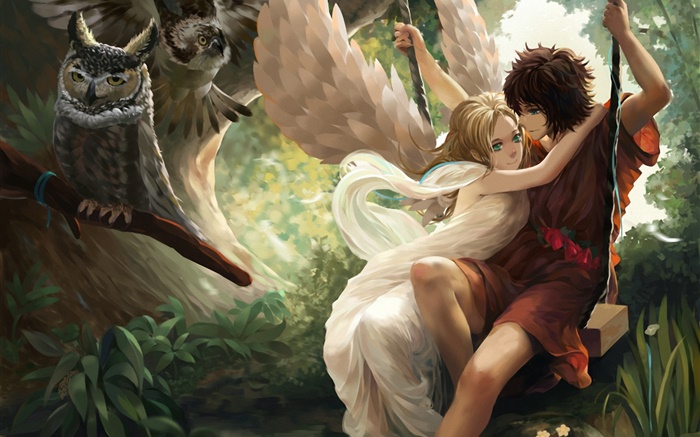 Anime ange fille, ailes, garçon, balançoire, hibou Fonds d'écran, image