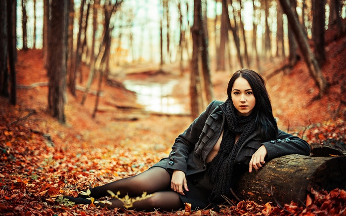 Fille noire de cheveux dans la forêt, l'automne, les feuilles jaunes Fonds d'écran, image