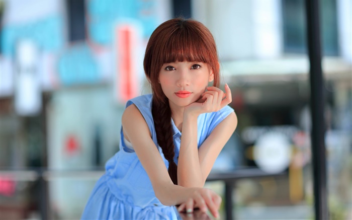 Robe bleue asiatique jeune fille, regarder Fonds d'écran, image