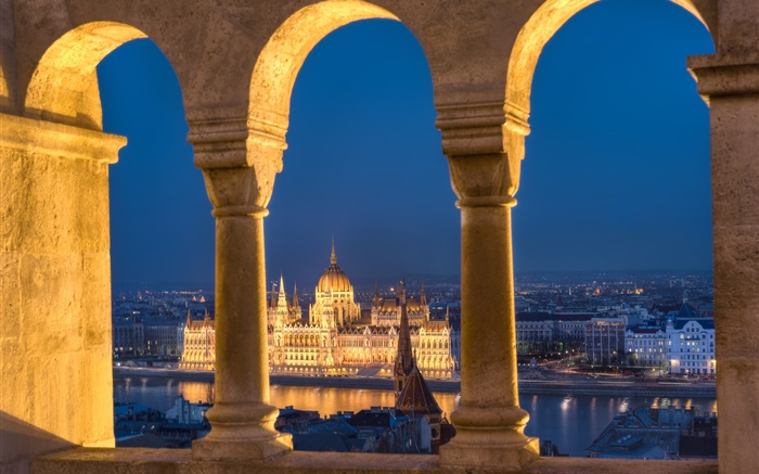 Budapest, Hongrie, le Parlement, rivière, nuit, lumières Fonds d'écran, image