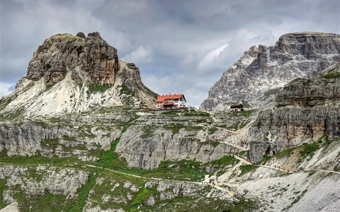 Dolomites, Italie, nuages, rochers, montagnes, maison Fonds d'écran, image