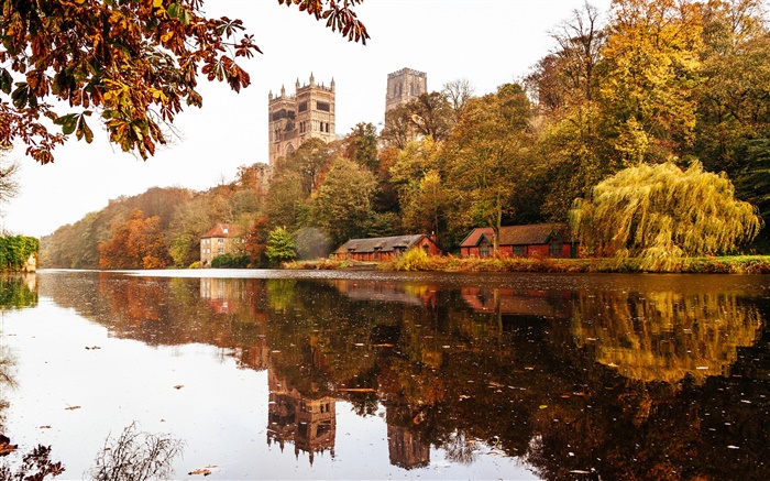 Angleterre, Durham, maison, arbres, rivière, réflexion de l'eau Fonds d'écran, image