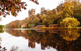 Angleterre, Durham, maison, arbres, rivière, réflexion de l'eau HD Fonds d'écran
