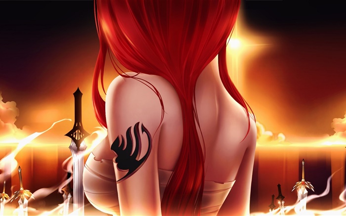 Tail Fairy, anime girl, cheveux rouges, épée, vue de dos Fonds d'écran, image