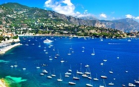 France, côte, jetée, bateaux, yachts, maisons, montagnes, ciel HD Fonds d'écran
