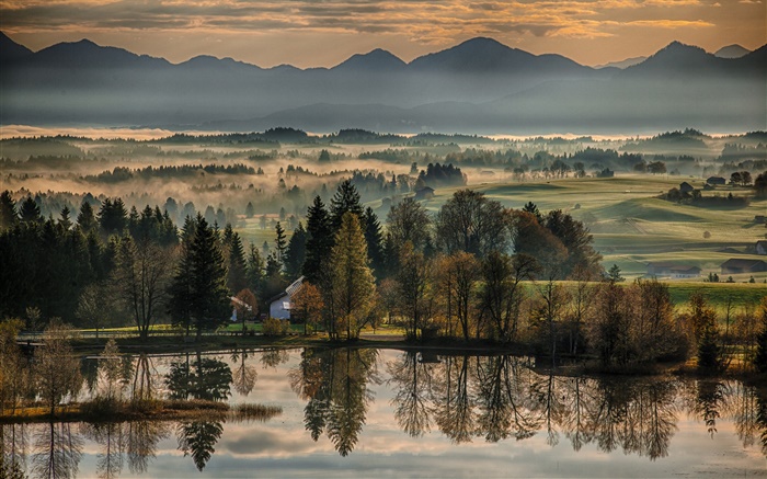 Allemagne, Bayern, automne, arbres, lac, maisons, brouillard, matin Fonds d'écran, image