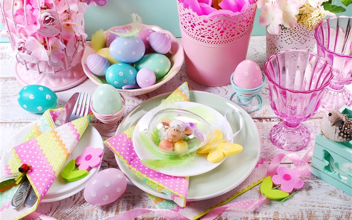 Joyeuses Pâques, décoration, oeufs colorés, des tasses, des fleurs, printemps Fonds d'écran, image