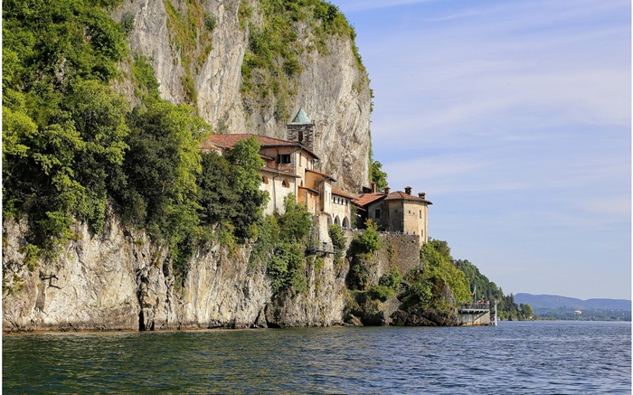 Italie, Lac Majeur, roche, arbres, montagnes, maisons Fonds d'écran, image