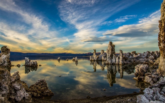 Lac, rochers, nuages, crépuscule Fonds d'écran, image