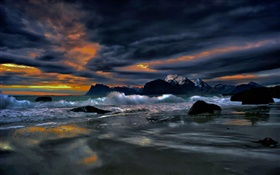 Îles Lofoten, Norvège, rivage, côte, mer, pierres, soirée, nuages