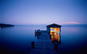 Nuit, lac, dock, maison, bateau, lumières
