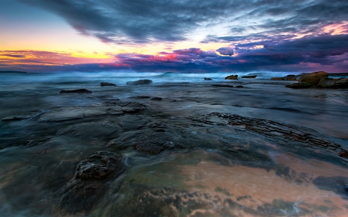 Mer, eau, pierres, nuages, coucher de soleil Fonds d'écran, image