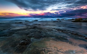 Mer, eau, pierres, nuages, coucher de soleil HD Fonds d'écran