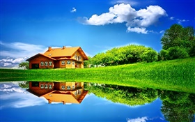 Été, lac, maison, arbres, herbe, réflexion de l'eau HD Fonds d'écran