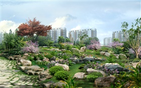 conception 3D, parc de la ville, maison, pierres, fleurs, herbe