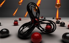 conception 3D, courbe, boules rouges et noirs, tombant