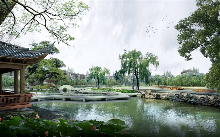 Conception 3D, parc, lac, pavillon, arbres, pont Fonds d'écran, image