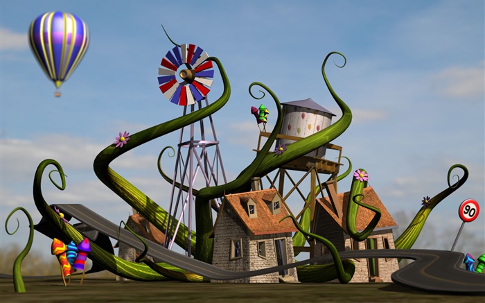 3D, maison, moulin à vent, route, ballon Fonds d'écran, image