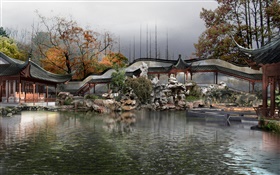 la conception du parc 3D, lac, pavillon, arbres, automne