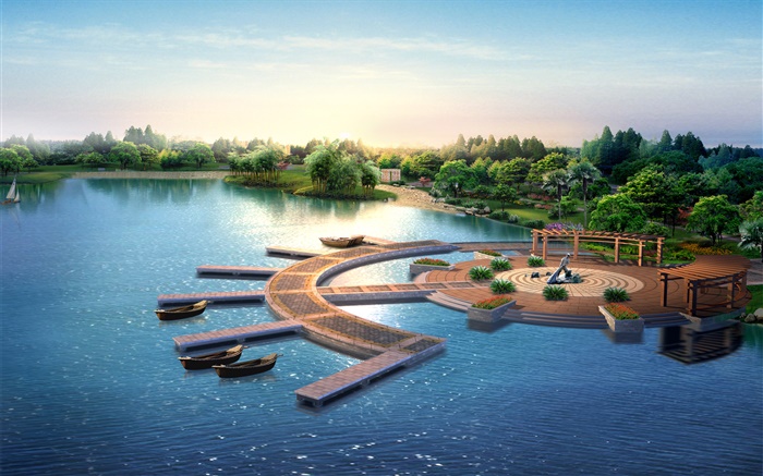 la conception du parc 3D, rendre, jetée, bateaux, arbres, lac Fonds d'écran, image