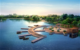 la conception du parc 3D, rendre, jetée, bateaux, arbres, lac