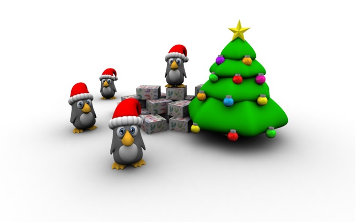 images 3D, arbre de Noël, pingouin, boîte de cadeau Fonds d'écran, image