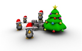 images 3D, arbre de Noël, pingouin, boîte de cadeau