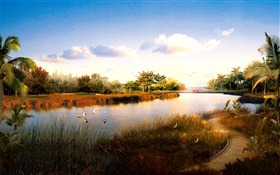 3D render paysage, rivière, herbe, oiseaux, palmiers, coucher de soleil HD Fonds d'écran