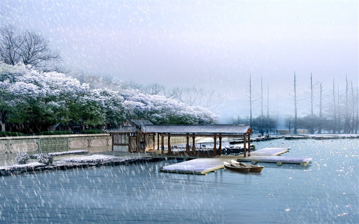 3D render paysage, dock, hiver, neige, arbres, rivière Fonds d'écran, image
